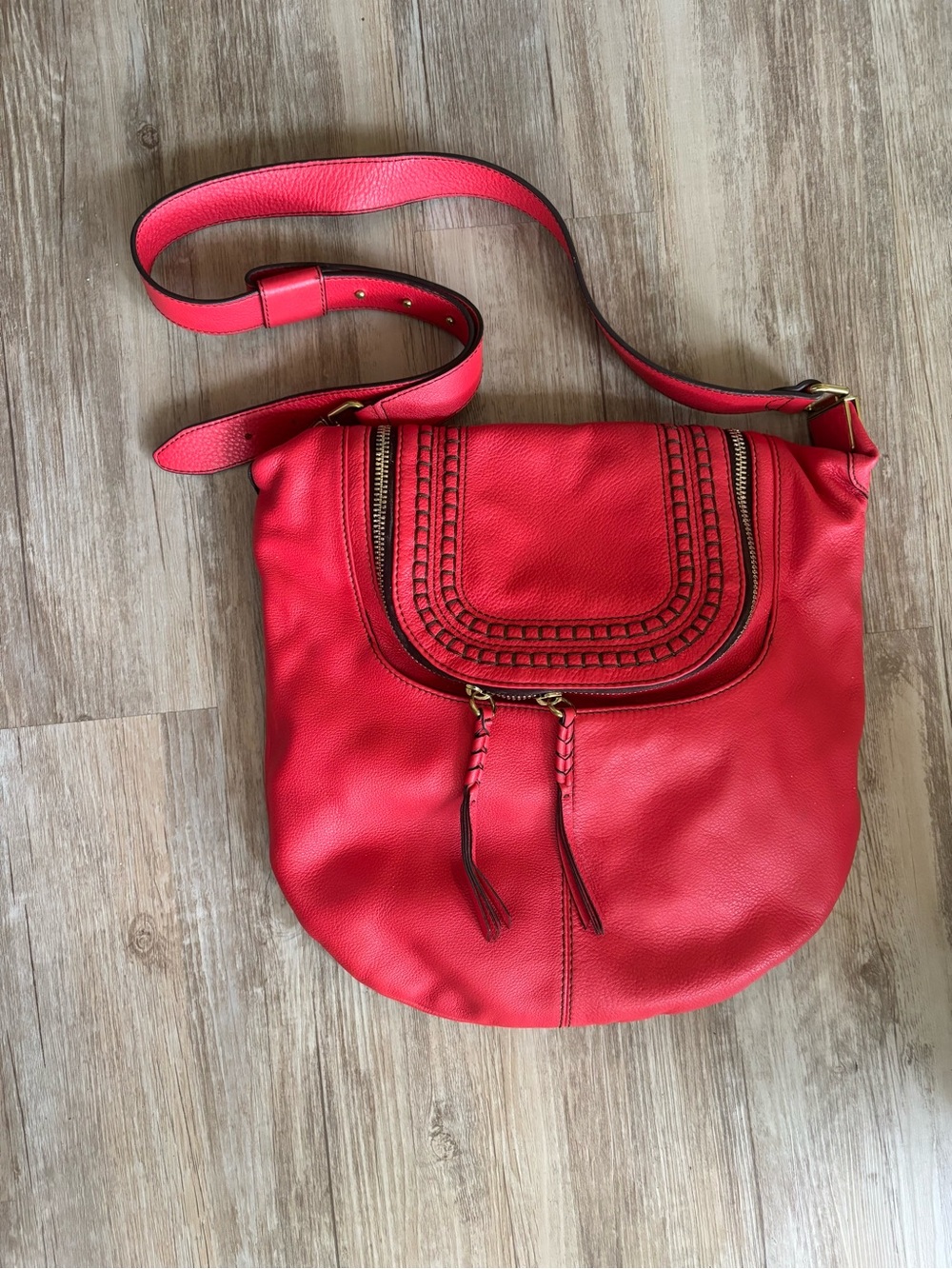 ORYANY Pebble Leather Large Crossbody Bag Salmon Red Gold Hardware